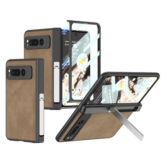 For Google Pixel Fold GKK Integrated Frosted Fold Hinge Leather Phone Case with Holder(Brown) - Google Cases by GKK | Online Shopping South Africa | PMC Jewellery