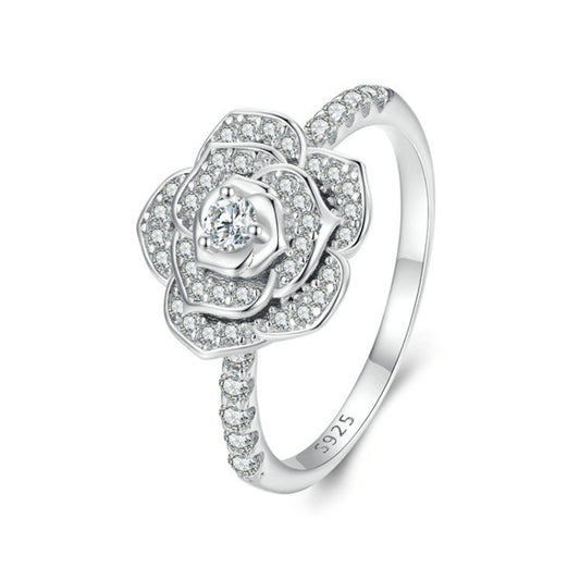 BSR449-7 S925 Sterling Silver White Gold Plated Zircon Rose Ring Hand Decoration - Rings by PMC Jewellery | Online Shopping South Africa | PMC Jewellery