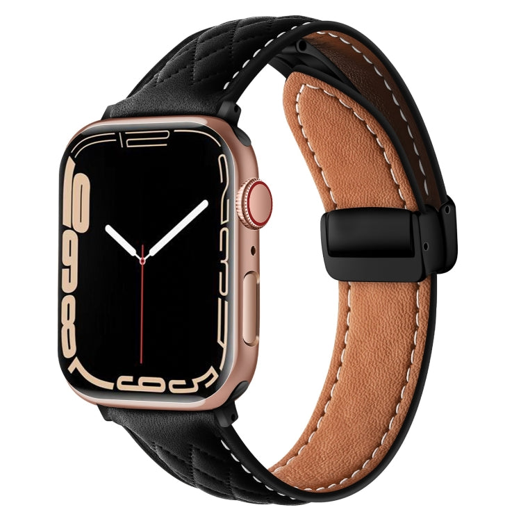For Apple Watch 7 45mm Folding Buckle Rhombus Leather Watch Band(Black) - Watch Bands by PMC TechLife | Online Shopping South Africa | PMC TechLife