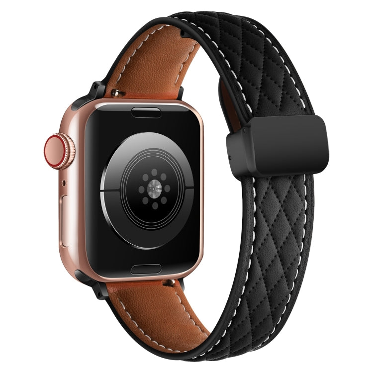 For Apple Watch 9 45mm Folding Buckle Rhombus Leather Watch Band(Black) - Watch Bands by PMC TechLife | Online Shopping South Africa | PMC TechLife