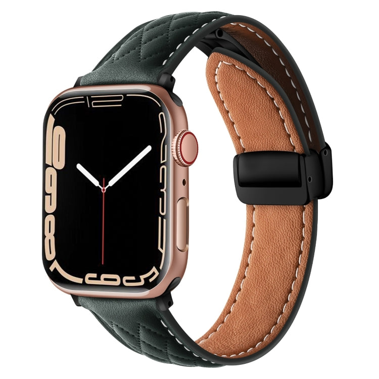 For Apple Watch 9 45mm Folding Buckle Rhombus Leather Watch Band(Green) - Watch Bands by PMC TechLife | Online Shopping South Africa | PMC TechLife