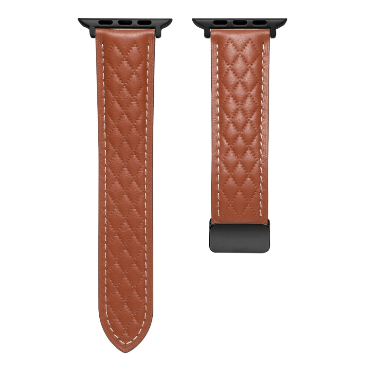 For Apple Watch 9 45mm Folding Buckle Rhombus Leather Watch Band(Brown) - Watch Bands by PMC TechLife | Online Shopping South Africa | PMC TechLife