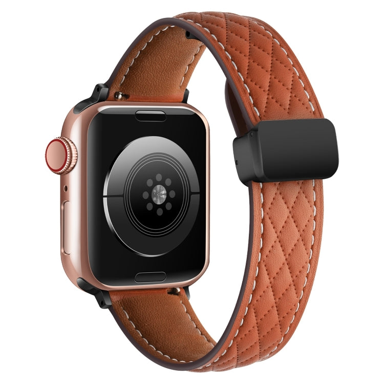 For Apple Watch 9 45mm Folding Buckle Rhombus Leather Watch Band(Brown) - Watch Bands by PMC TechLife | Online Shopping South Africa | PMC TechLife