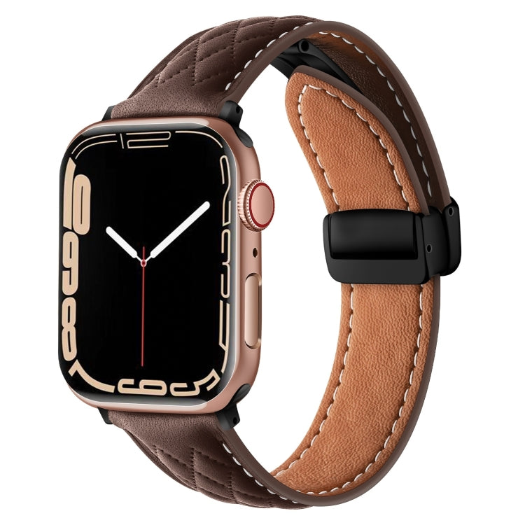 For Apple Watch 9 41mm Folding Buckle Rhombus Leather Watch Band(Coffee) - Watch Bands by PMC TechLife | Online Shopping South Africa | PMC TechLife