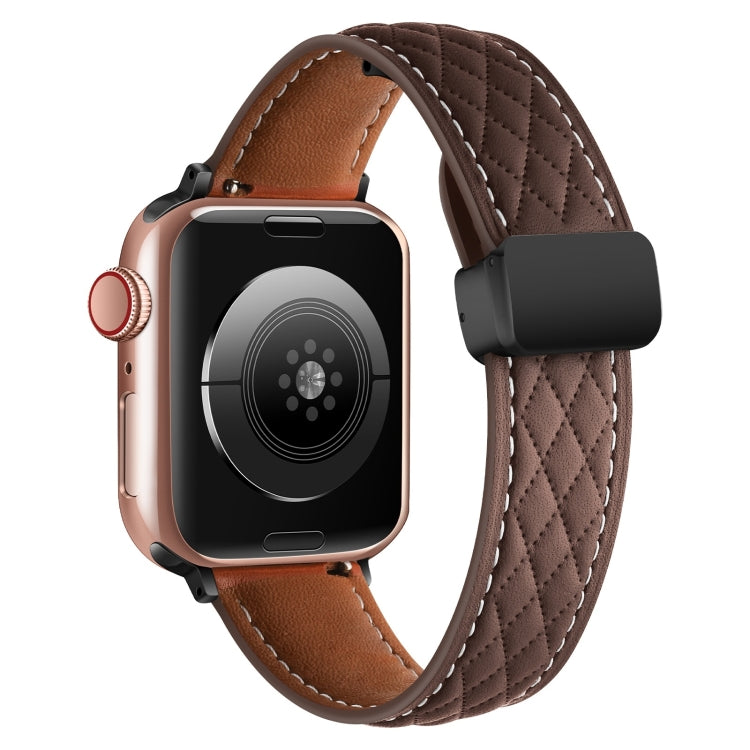 For Apple Watch 9 41mm Folding Buckle Rhombus Leather Watch Band(Coffee) - Watch Bands by PMC TechLife | Online Shopping South Africa | PMC TechLife