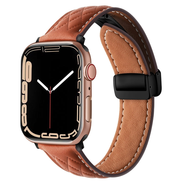 For Apple Watch 9 41mm Folding Buckle Rhombus Leather Watch Band(Brown) - Watch Bands by PMC TechLife | Online Shopping South Africa | PMC TechLife