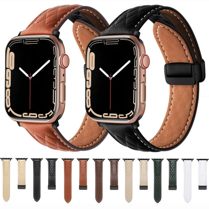 For Apple Watch 6 44mm Folding Buckle Rhombus Leather Watch Band(Brown) - Watch Bands by PMC Jewellery | Online Shopping South Africa | PMC Jewellery