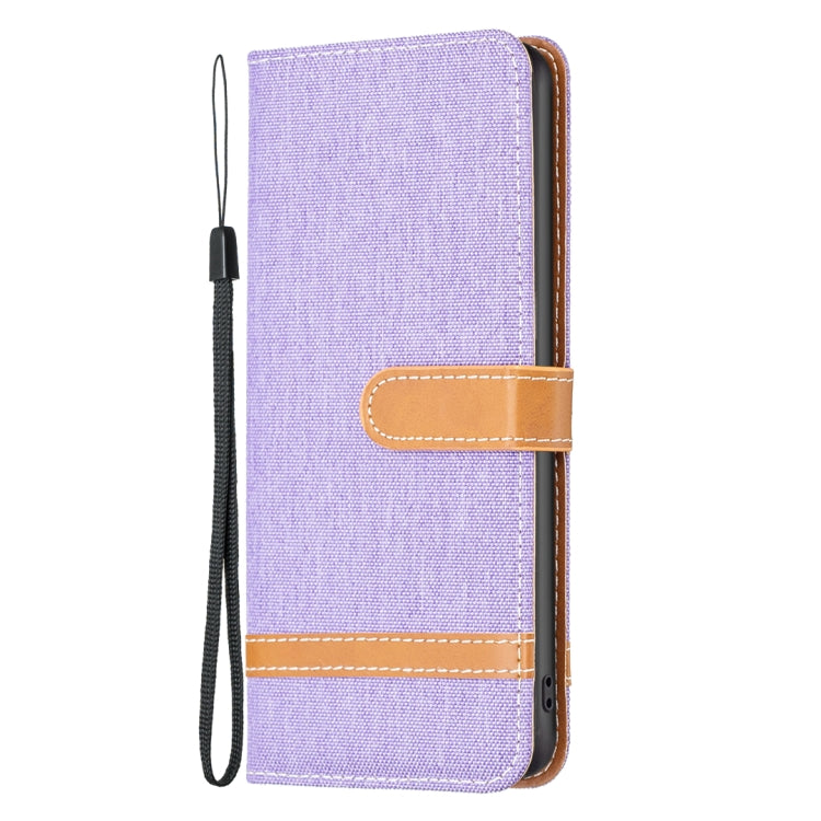 For iPhone 15 Plus Color Block Denim Texture Leather Phone Case(Purple) - free shipping - PMC TechLife - Order now!