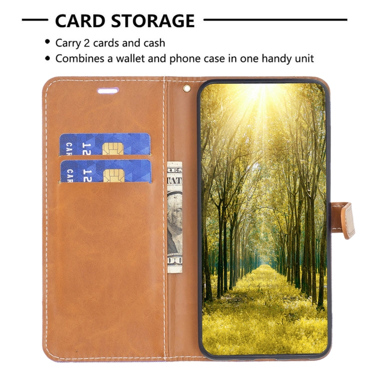 For iPhone 15 Plus Color Block Denim Texture Leather Phone Case(Purple) - free shipping - PMC TechLife - Order now!