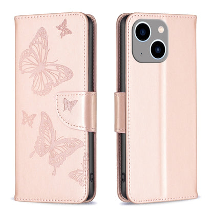 For iPhone 15 Plus Embossing Two Butterflies Pattern Leather Phone Case(Rose Gold) - iPhone 15 Plus Cases by PMC Jewellery | Online Shopping South Africa | PMC Jewellery