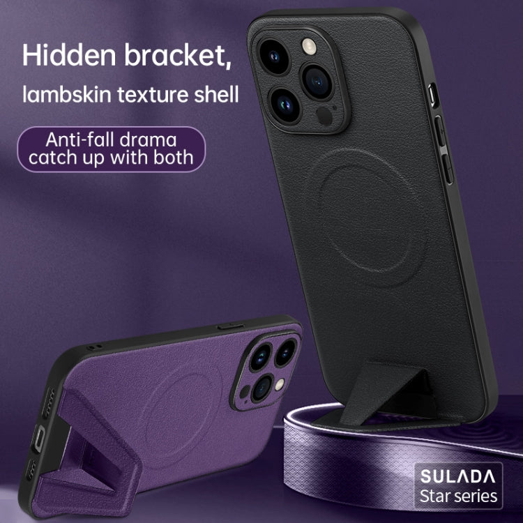 For iPhone 14 Plus SULADA Folding Holder Lambskin Texture MagSafe Phone Case(Blue) - iPhone 14 Plus Cases by SULADA | Online Shopping South Africa | PMC TechLife