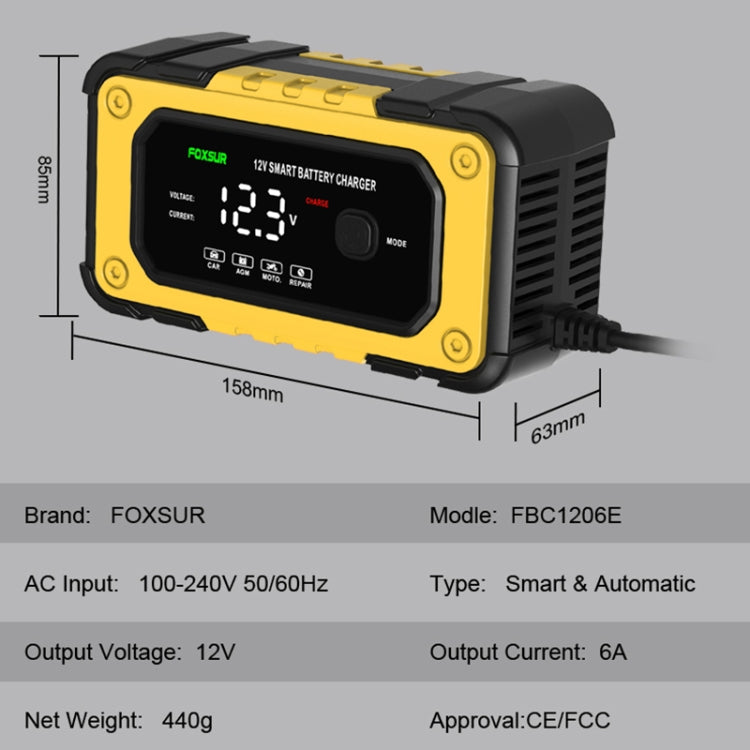 FOXSUR FBC1206E 6A 12V Car / Motorcycle Smart Battery Charger(US Plug) - Battery Charger by FOXSUR | Online Shopping South Africa | PMC TechLife | Buy Now Pay Later Mobicred