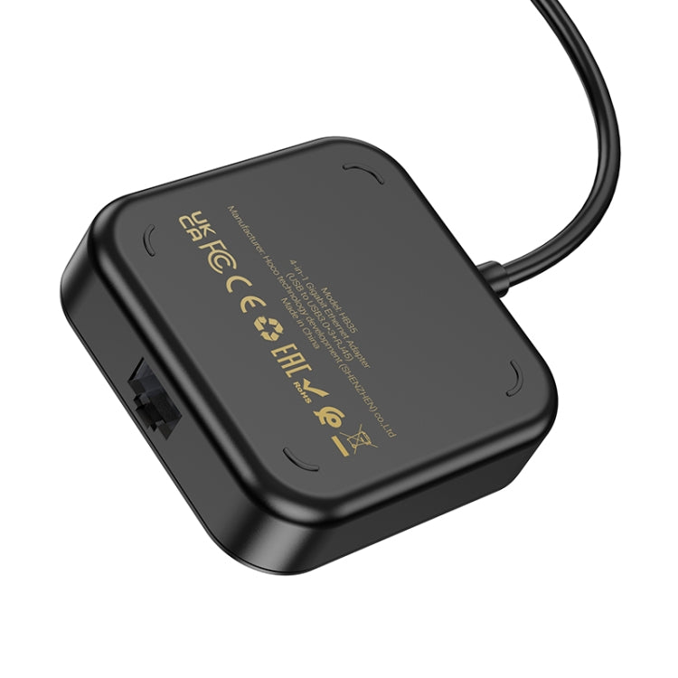 hoco HB35 4 in 1 USB to USB3.0x3+RJ45 Gigabit Ethernet Adapter, Cable Length:0.2m(Black) - USB Network Adapter by hoco | Online Shopping South Africa | PMC Jewellery