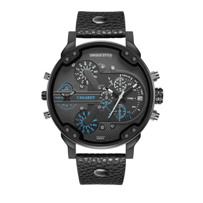 CAGARNY 6820 Men Dual Movement Blue Face Leather Strap Quartz Watch(Black) - Leather Strap Watches by CAGARNY | Online Shopping South Africa | PMC Jewellery