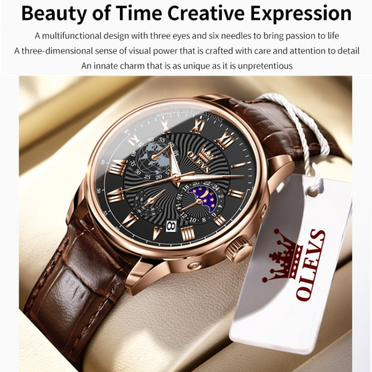 OLEVS 2893 Men Multifunctional Business Quartz Watch(Brown + Black) - Leather Strap Watches by OLEVS | Online Shopping South Africa | PMC Jewellery | Buy Now Pay Later Mobicred