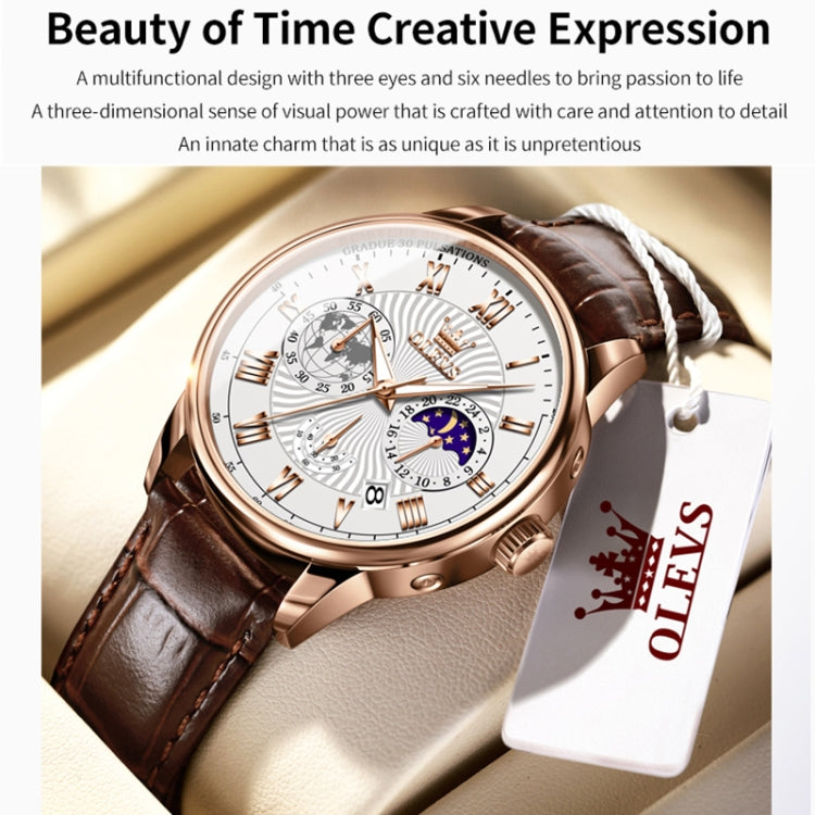 OLEVS 2893 Men Multifunctional Business Quartz Watch(Brown + White) - Leather Strap Watches by OLEVS | Online Shopping South Africa | PMC Jewellery