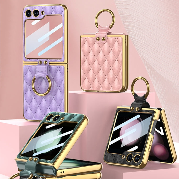 For Samsung Galaxy Z Flip5 GKK Integrated Plating Diamond Texture PU Phone Case with Ring(Pink) - Galaxy Z Flip5 Cases by GKK | Online Shopping South Africa | PMC TechLife