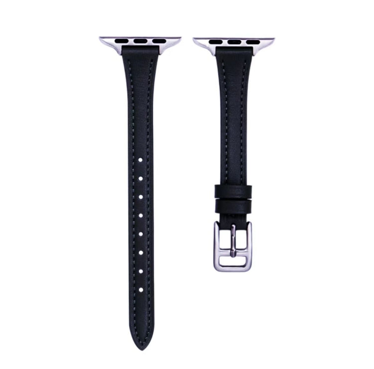 For Apple Watch 9 41mm T-shaped Slim Genuine Leather Watch Band(Black) - Watch Bands by PMC TechLife | Online Shopping South Africa | PMC TechLife