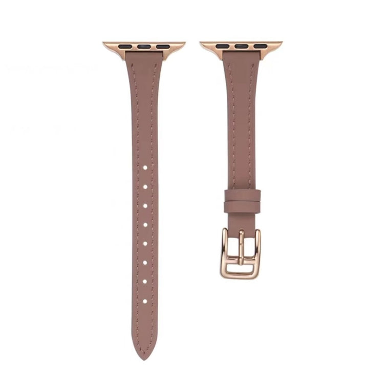 For Apple Watch 9 45mm T-shaped Slim Genuine Leather Watch Band(Light Brown) - Watch Bands by PMC TechLife | Online Shopping South Africa | PMC TechLife