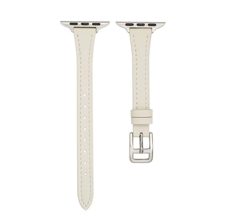 For Apple Watch 9 45mm T-shaped Slim Genuine Leather Watch Band(White) - Watch Bands by PMC TechLife | Online Shopping South Africa | PMC TechLife