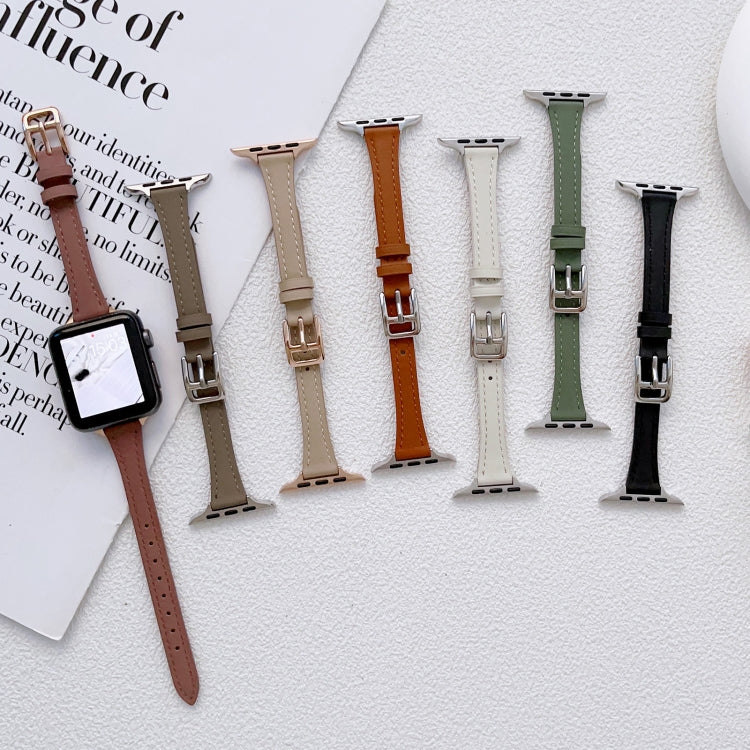 For Apple Watch 9 45mm T-shaped Slim Genuine Leather Watch Band(Light Brown) - Watch Bands by PMC TechLife | Online Shopping South Africa | PMC TechLife
