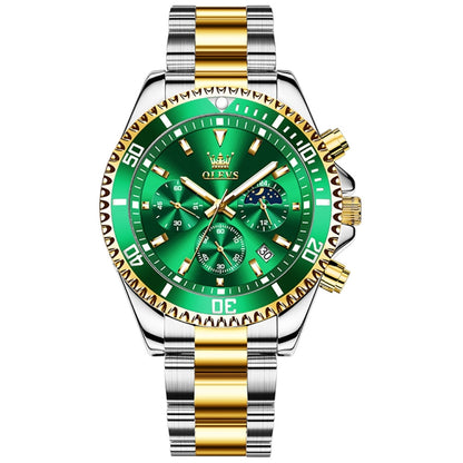 OLEVS 2870 Men Multifunctional Chronograph Three Eyes Waterproof Quartz Watch(Green + Gold) - Metal Strap Watches by OLEVS | Online Shopping South Africa | PMC Jewellery