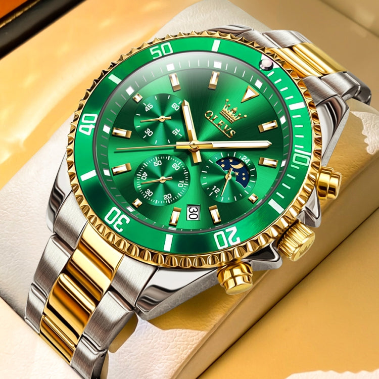 OLEVS 2870 Men Multifunctional Chronograph Three Eyes Waterproof Quartz Watch(Green + Gold) - Metal Strap Watches by OLEVS | Online Shopping South Africa | PMC Jewellery | Buy Now Pay Later Mobicred