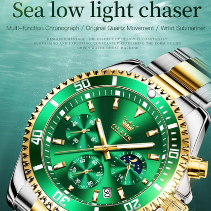 OLEVS 2870 Men Multifunctional Chronograph Three Eyes Waterproof Quartz Watch(Green + Gold) - Metal Strap Watches by OLEVS | Online Shopping South Africa | PMC Jewellery | Buy Now Pay Later Mobicred