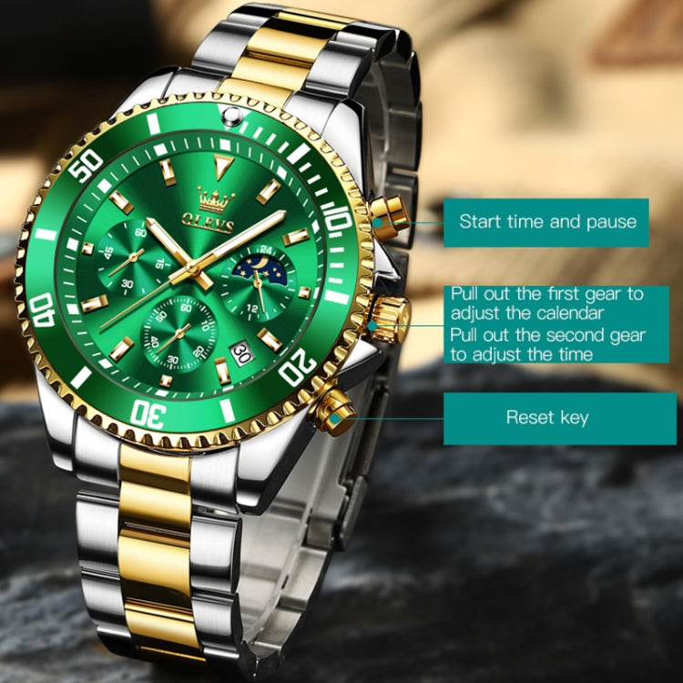 OLEVS 2870 Men Multifunctional Chronograph Three Eyes Waterproof Quartz Watch(Green + Gold) - Metal Strap Watches by OLEVS | Online Shopping South Africa | PMC Jewellery | Buy Now Pay Later Mobicred