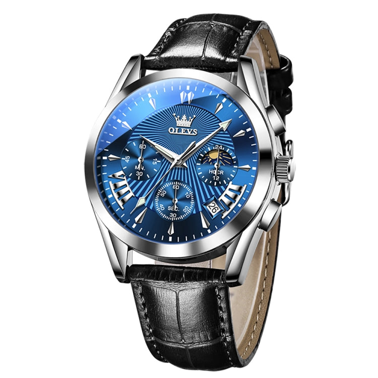 OLEVS 2876 Men Multifunctional Sports Chronograph Quartz Watch(Blue) - Leather Strap Watches by OLEVS | Online Shopping South Africa | PMC Jewellery | Buy Now Pay Later Mobicred