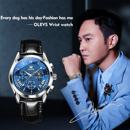 OLEVS 2876 Men Multifunctional Sports Chronograph Quartz Watch(Blue) - Leather Strap Watches by OLEVS | Online Shopping South Africa | PMC Jewellery