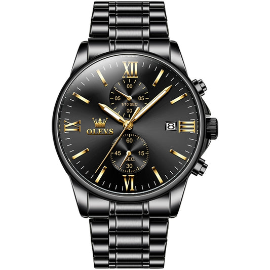 OLEVS 2886 Men Sports Chronograph Waterproof Luminous Quartz Watch(Black Gold Steel Strip) - Metal Strap Watches by OLEVS | Online Shopping South Africa | PMC Jewellery