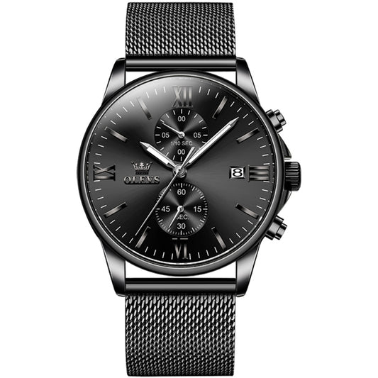OLEVS 2886 Men Sports Chronograph Waterproof Luminous Quartz Watch(Black Silver Mesh Strip) - Metal Strap Watches by OLEVS | Online Shopping South Africa | PMC Jewellery
