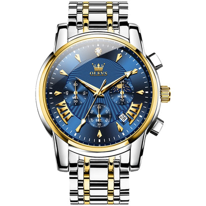 OLEVS 2892 Men Multifunctional Business Waterproof Quartz Watch(Blue + Gold) - Metal Strap Watches by OLEVS | Online Shopping South Africa | PMC Jewellery | Buy Now Pay Later Mobicred