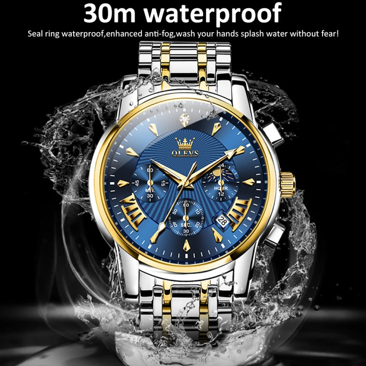 OLEVS 2892 Men Multifunctional Business Waterproof Quartz Watch(Blue + Gold) - Metal Strap Watches by OLEVS | Online Shopping South Africa | PMC Jewellery | Buy Now Pay Later Mobicred