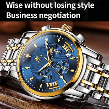 OLEVS 2892 Men Multifunctional Business Waterproof Quartz Watch(Blue + Gold) - Metal Strap Watches by OLEVS | Online Shopping South Africa | PMC Jewellery | Buy Now Pay Later Mobicred