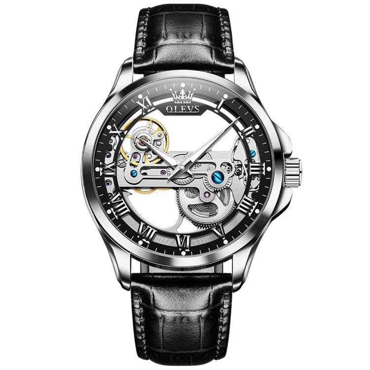 OLEVS 6661 Men Fashion Luminous Waterproof Mechanical Watch(Black + Silver) - Leather Strap Watches by OLEVS | Online Shopping South Africa | PMC Jewellery