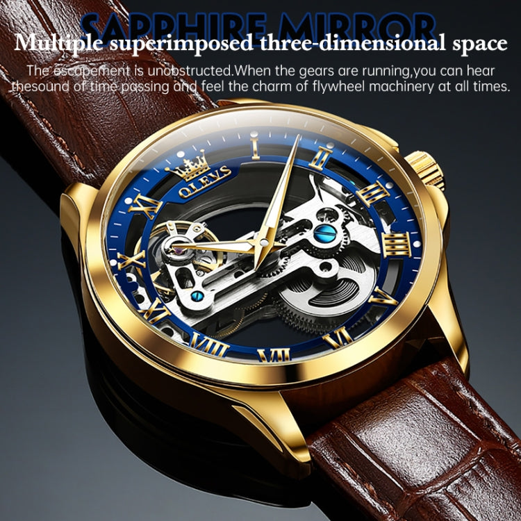 OLEVS 6661 Men Fashion Luminous Waterproof Mechanical Watch(Blue + Gold) - Leather Strap Watches by OLEVS | Online Shopping South Africa | PMC Jewellery