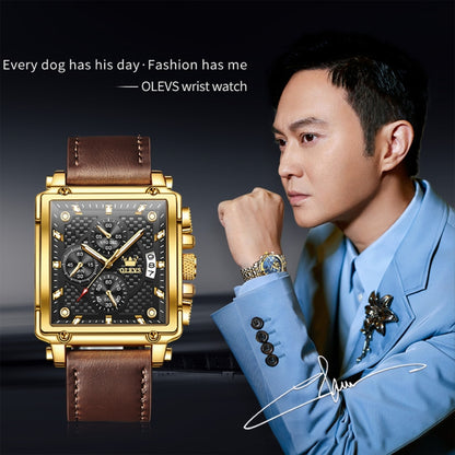 OLEVS 9925 Men Square Dial Multifunctional Waterproof Quartz Watch(Black + Gold) - Leather Strap Watches by OLEVS | Online Shopping South Africa | PMC Jewellery | Buy Now Pay Later Mobicred