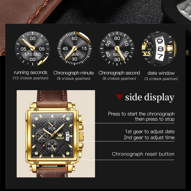 OLEVS 9925 Men Square Dial Multifunctional Waterproof Quartz Watch(Black + Gold) - Leather Strap Watches by OLEVS | Online Shopping South Africa | PMC Jewellery | Buy Now Pay Later Mobicred