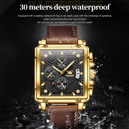 OLEVS 9925 Men Square Dial Multifunctional Waterproof Quartz Watch(Black + Gold) - Leather Strap Watches by OLEVS | Online Shopping South Africa | PMC Jewellery