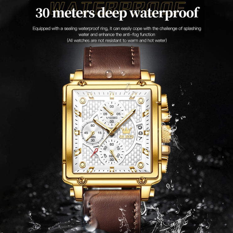 OLEVS 9925 Men Square Dial Multifunctional Waterproof Quartz Watch(White + Gold) - Leather Strap Watches by OLEVS | Online Shopping South Africa | PMC Jewellery | Buy Now Pay Later Mobicred