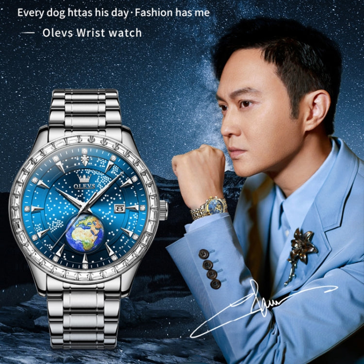 OLEVS 9967 Men Starry Sky Face Diamond Bezel Quartz Watch(Blue Steel Strap) - Leather Strap Watches by OLEVS | Online Shopping South Africa | PMC Jewellery