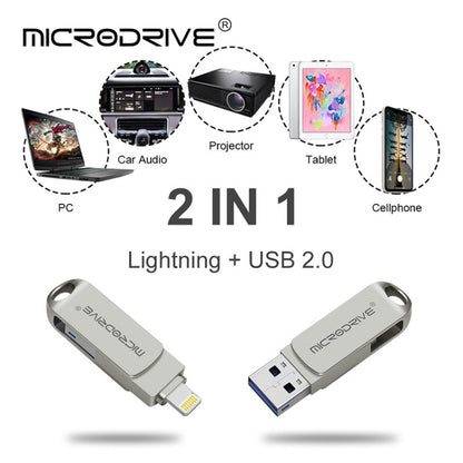 MicroDrive 2 In 1  8 Pin + USB 2.0 Portable Metal USB Flash Disk, Capacity:128GB(Silver) - USB Flash Drives by MICRODRIVE | Online Shopping South Africa | PMC Jewellery | Buy Now Pay Later Mobicred