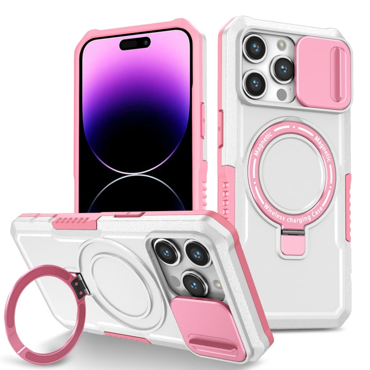 For iPhone 14 Pro Max Sliding Camshield MagSafe Holder TPU Hybrid PC Phone Case(Pink White) - free shipping - PMC TechLife - Order now!