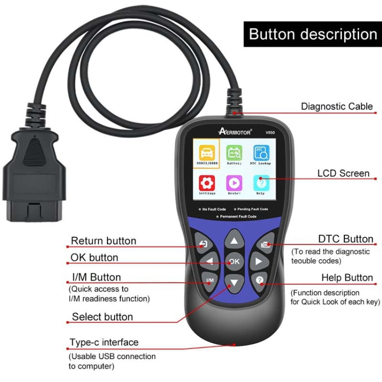 AERMOTOR V850 Car OBD2 Code Reader Diagnostic Scan Tool(Black) - free shipping - PMC TechLife - Order now!
