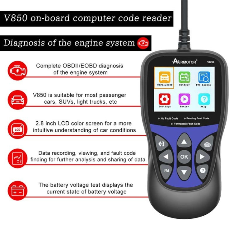 AERMOTOR V850 Car OBD2 Code Reader Diagnostic Scan Tool(Black) - free shipping - PMC TechLife - Order now!