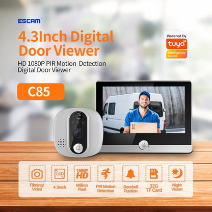 ESCAM C85 1080P 4.3 inch Smart WIFI Digital Door Viewer Supports Wide-Angle PIR & Night Vision & Dingdong Photo(White) - Video DoorBell by ESCAM | Online Shopping South Africa | PMC Jewellery | Buy Now Pay Later Mobicred