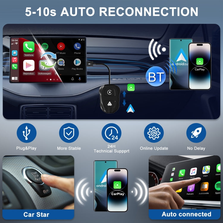 THT-020-9 USB + USB-C / Type-C Wired to Wireless Carplay / Android Auto Adapter(Black) - Bluetooth Adapters by PMC TechLife | Online Shopping South Africa | PMC TechLife | Buy Now Pay Later Mobicred