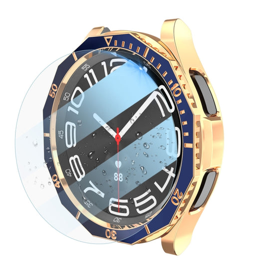 For Samsung Galaxy Watch6 Classic 43mm R950 Electroplate PC Case + Tempered Film + Watch Bezel Ring Set(Blue+Rose Gold) - Watch Cases by PMC Jewellery | Online Shopping South Africa | PMC Jewellery